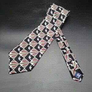 Como Collezione 100% Silk Tie Black Red Olive Geometric Pattern 56"x4"